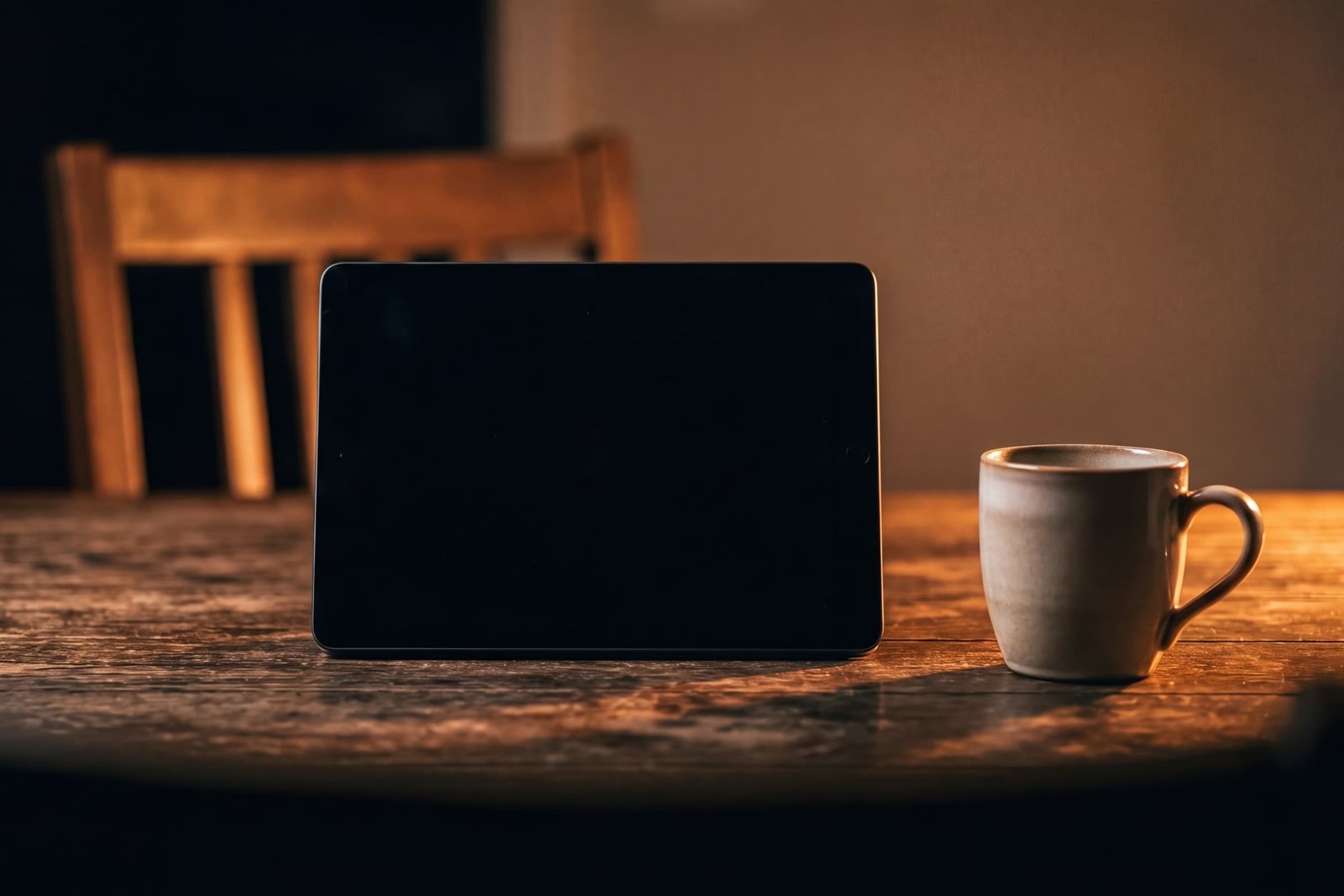 Interface do Aldenor em um tablet sobre a mesa da cozinha, sob a luz de uma luminária.